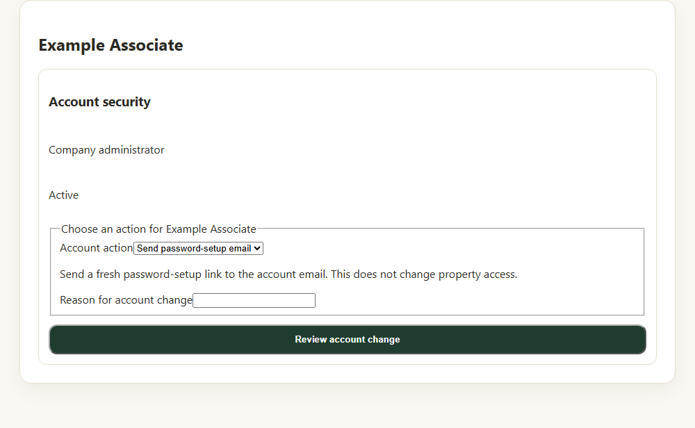 Choose an account action and enter the reason before reviewing the change.