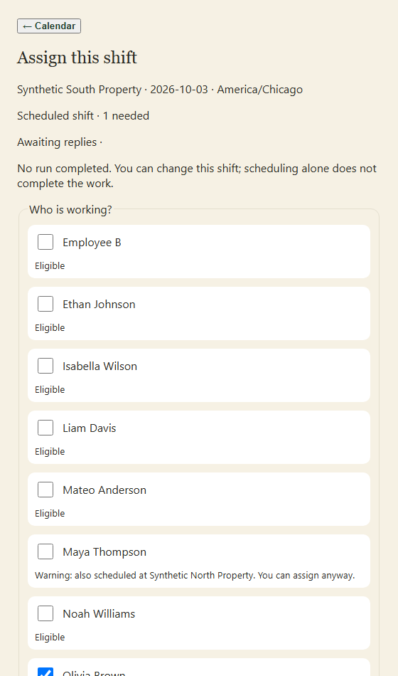 Select eligible people and read overlap warnings. Scroll to the reason and review controls below.