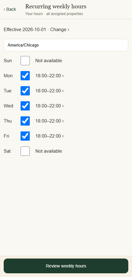 Set the effective date, time zone, available days and recurring hours.