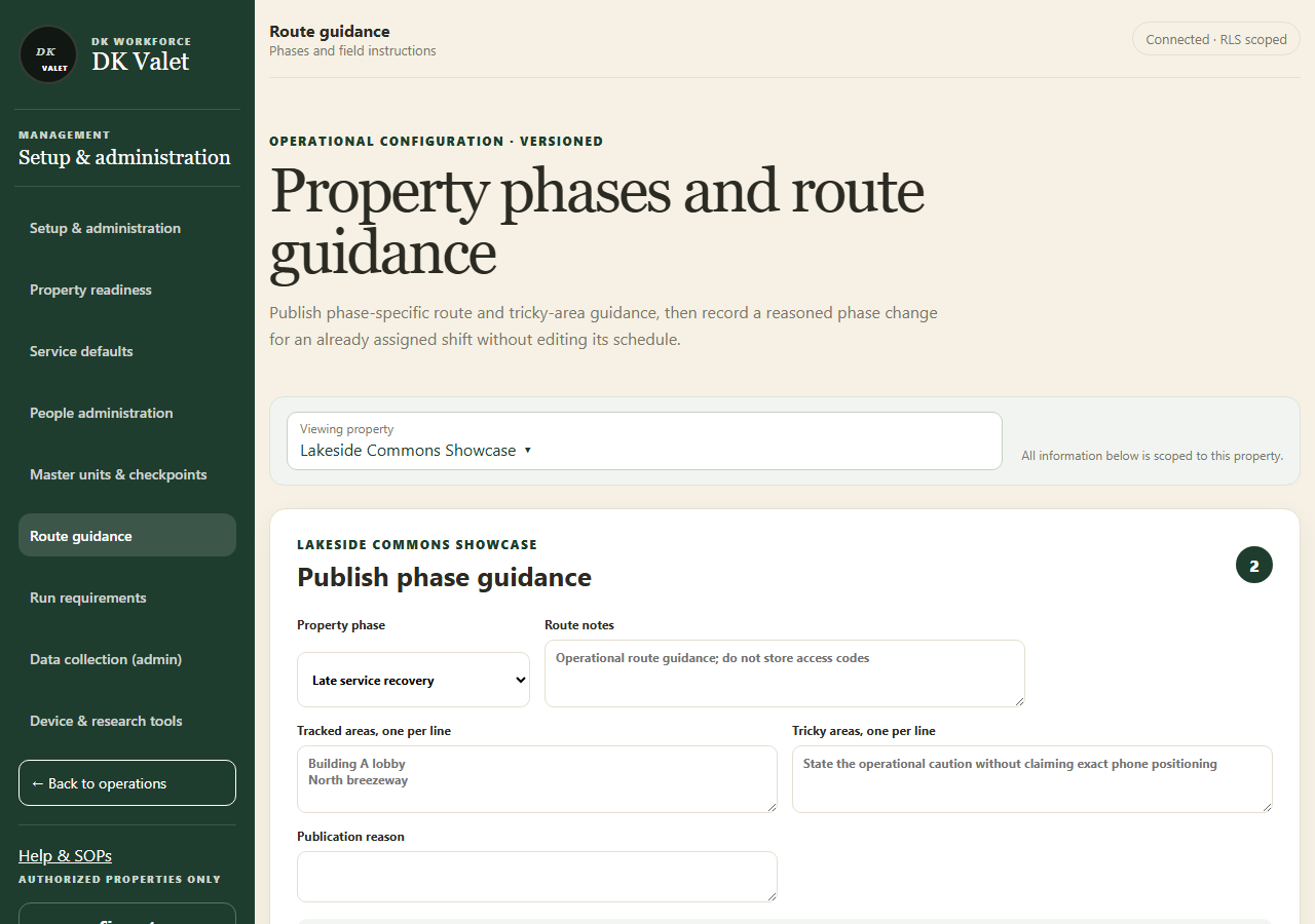 Property phases and route guidance: use the property selector and the task controls shown.