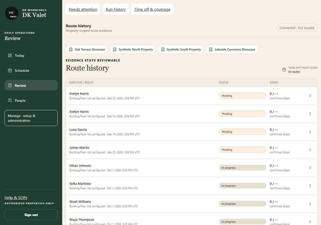 Route history: use the property selector and the task controls shown.