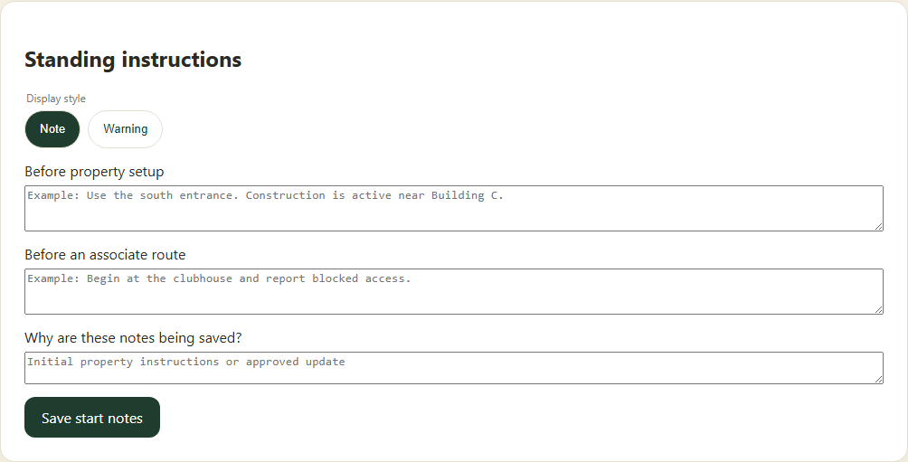 Separate setup instructions from the message associates read before a route.