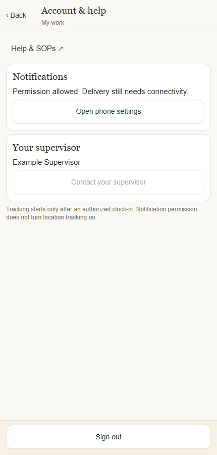 Account and help contains support, notification settings and Sign out.