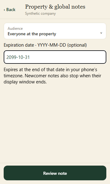 Choose who sees the note and its optional expiration. Review the explicit property target before publishing.