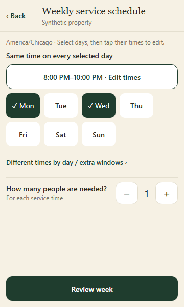 Choose service days, then set one common start and end time and the people needed.