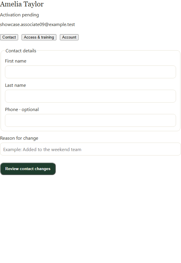 Open the person, choose Contact or Access & training, and review changes before confirming.