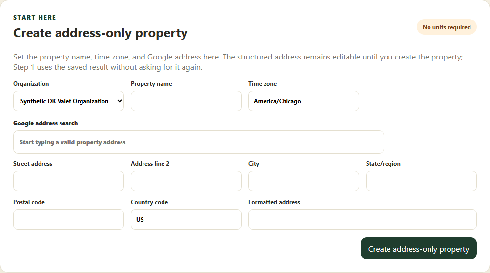 Enter the property identity and review the structured address before creating it.
