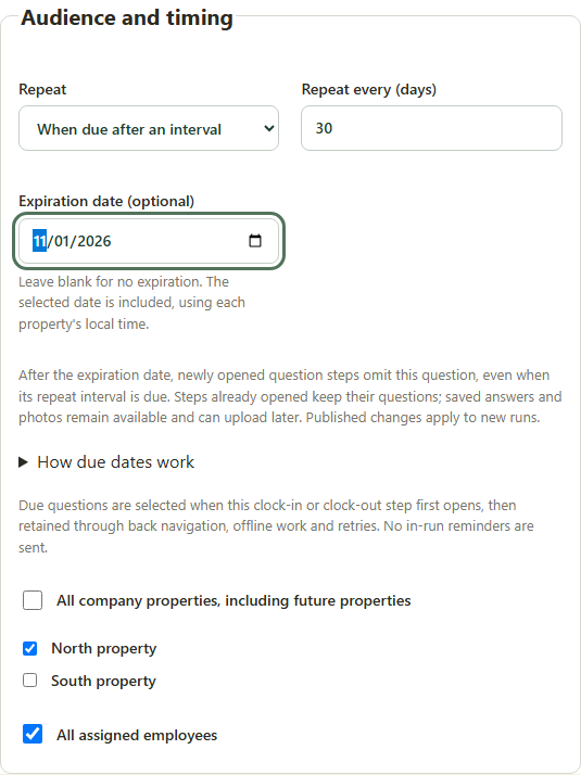 Actual web timing controls with synthetic data. The end date includes the property-local day. This component preview is not a physical-phone screenshot.