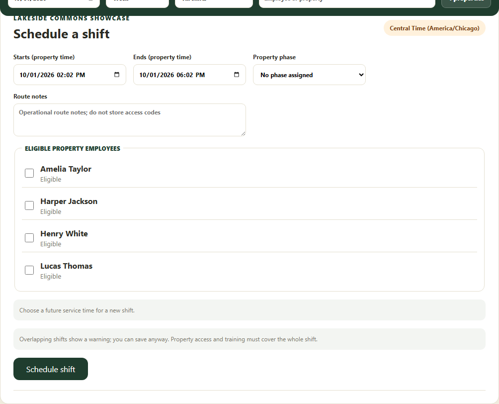 Use property-local dates and eligible employees for a dated shift.