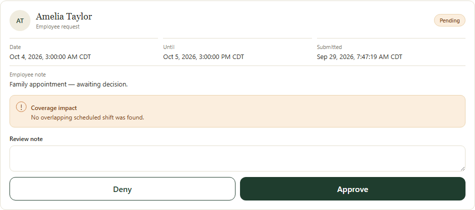 Read the request and coverage impact before recording the approval or denial.